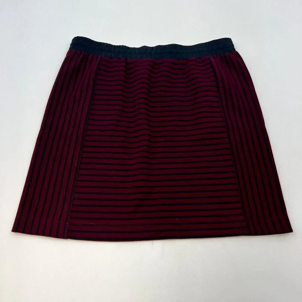 Lou & Grey Women’s Striped Pull On Skirt Wine/Black Drawstring Size Small New